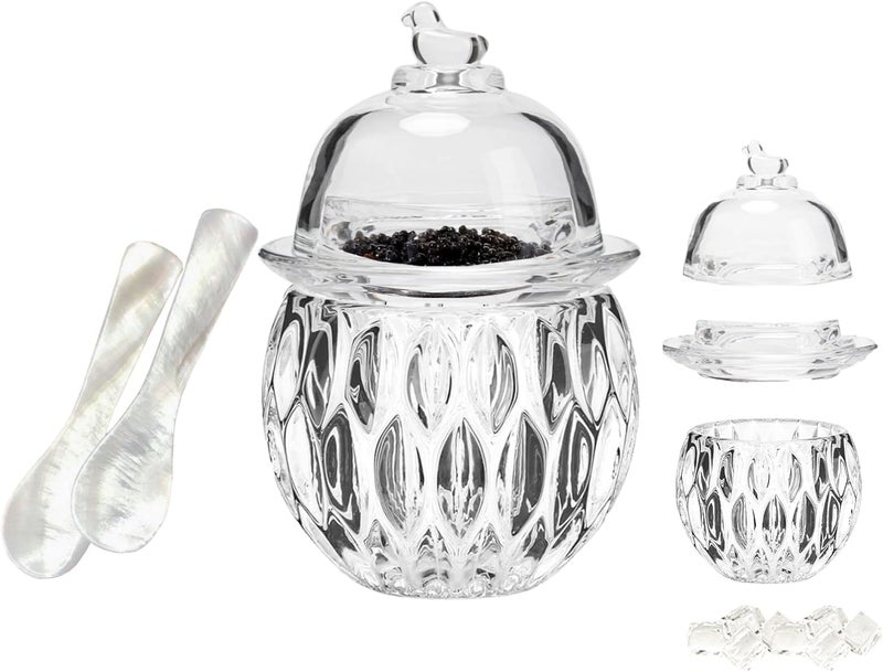 GCFTIFF caviar serving set with 2 Pcs Mother of Pearl Spoons,Chilled bowl Glass Caviar Dish With Lids,ice bowls to keep food cold, Elegant Serving Tray for Caviar Shrimp and Party Appetizers(Leaf) - Image 1